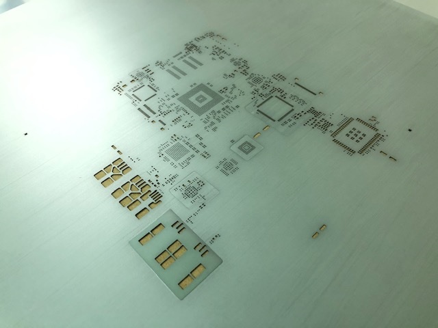 TGM laser-cut SMT stencil showing precision PCB apertures